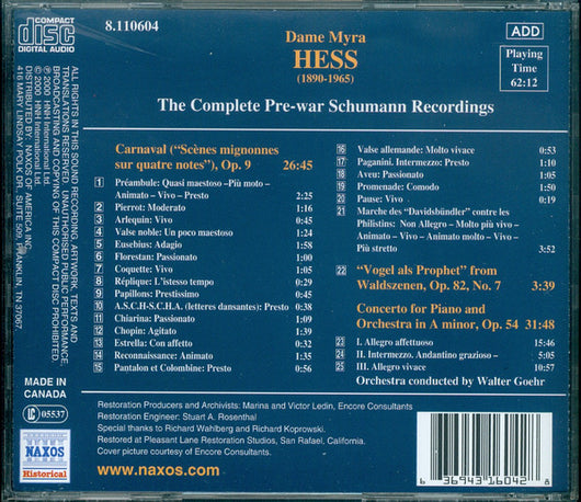 the-complete-pre-war-schumann-recordings-;-piano-concerto-;-carnaval,-op.-9-(historical-recordings-1931,-1937,-1938)