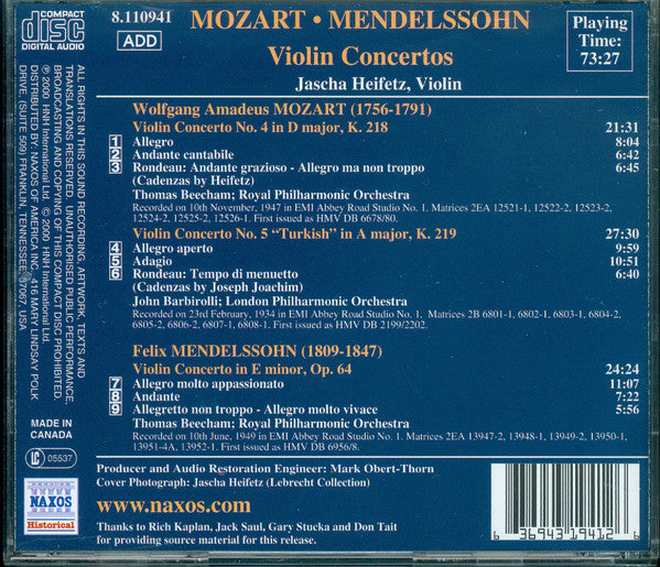 heifetz:-mozart-/-mendelssohn-(historical-recordings-1934-1949)